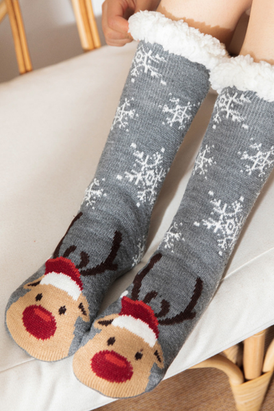 Women Winter Christmas Fleece Cuff Non Slip Slipper Socks