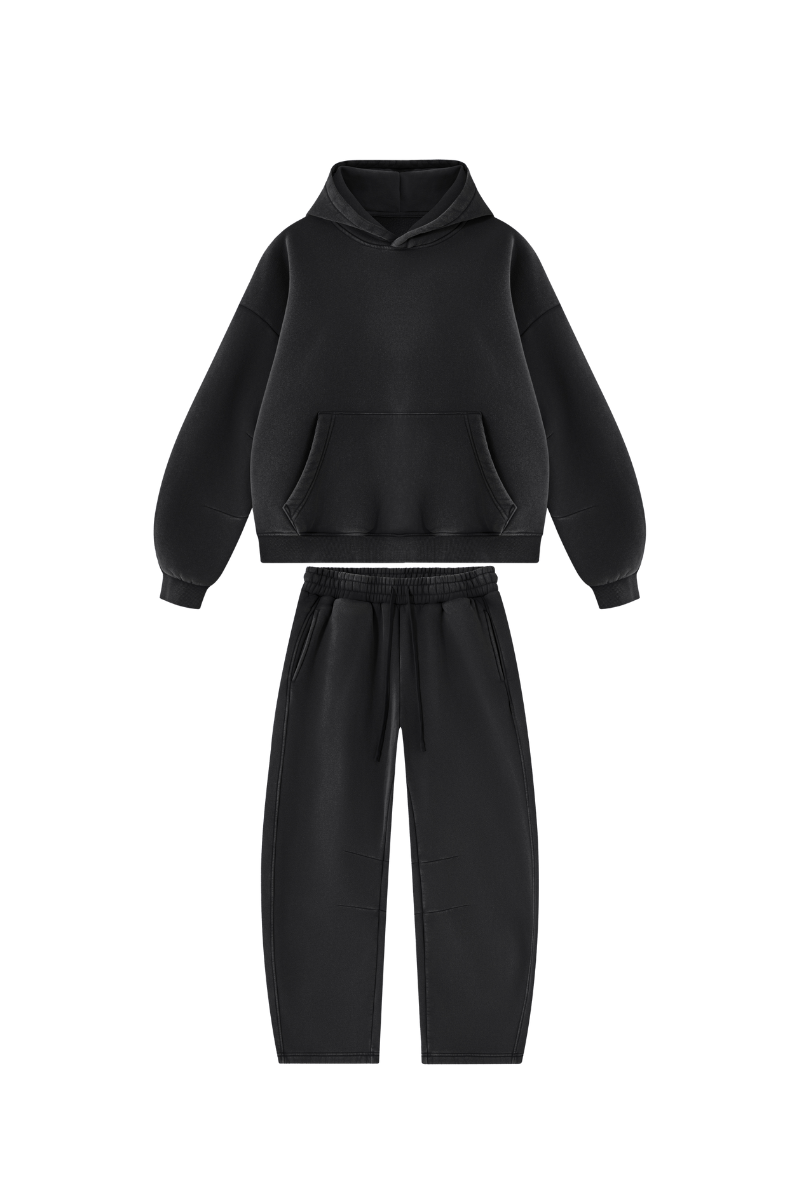 Men Fall Clothing Faded Fleece Hoodie & Wide-Leg Pants Set