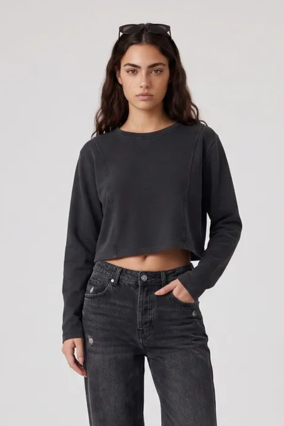 Women's Washed Raw Cut Patchwork Boxy Crewneck Sweatshirt