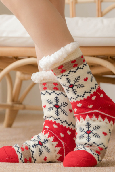 Women Winter Christmas Fleece Cuff Non Slip Slipper Socks