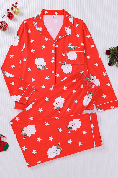 Women's Christmas Pink Striped Open Collar Pajama Set