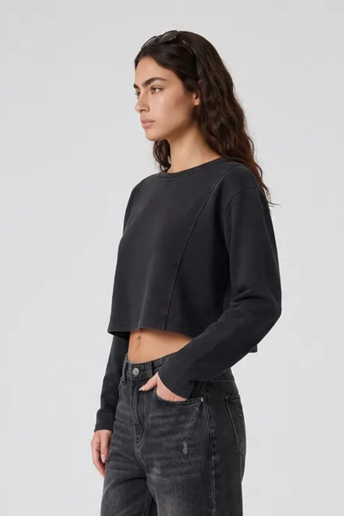 Women's Washed Raw Cut Patchwork Boxy Crewneck Sweatshirt