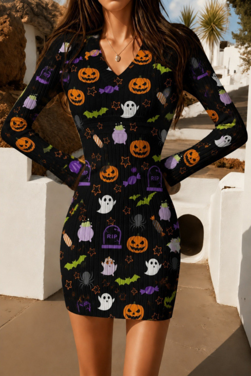 Women Fall Halloween Pumpkin Ribbed Bodycon Mini Dress