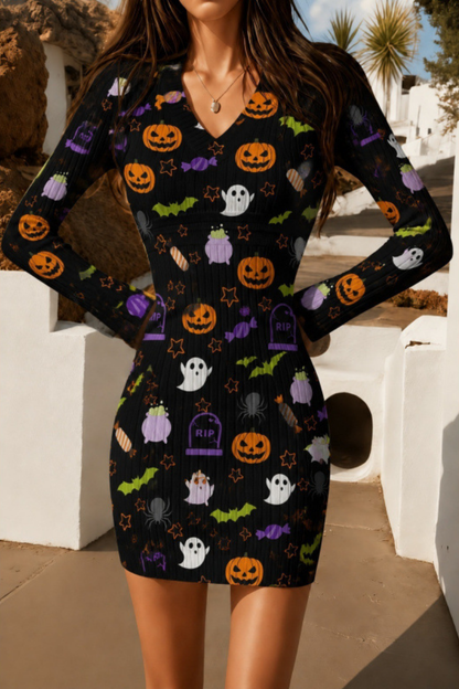 Women Fall Halloween Pumpkin Ribbed Bodycon Mini Dress