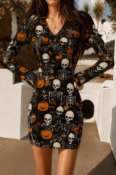 Women Fall Clothing Halloween Pumpkin Ribbed Bodycon Dress