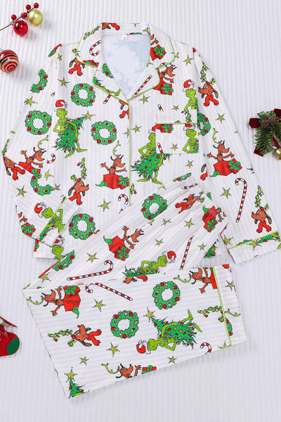 Women's Christmas Pink Striped Open Collar Pajama Set