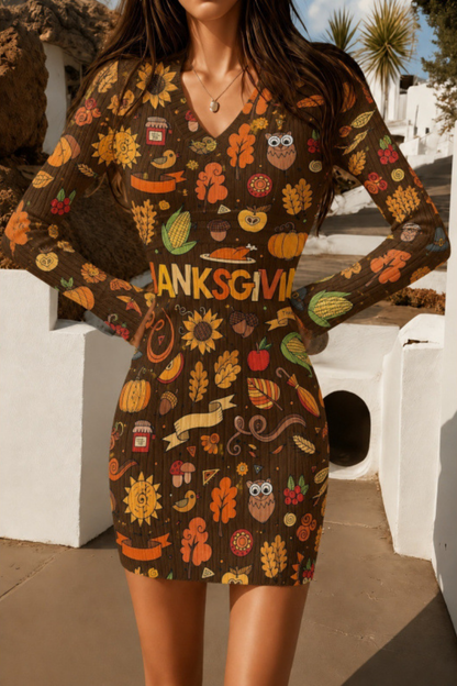 Women Fall Halloween Pumpkin Ribbed Bodycon Mini Dress