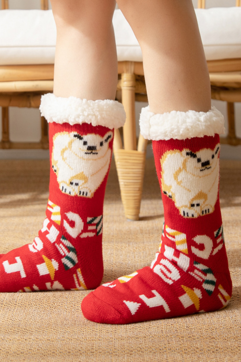 Women Winter Christmas Fleece Cuff Non Slip Slipper Socks