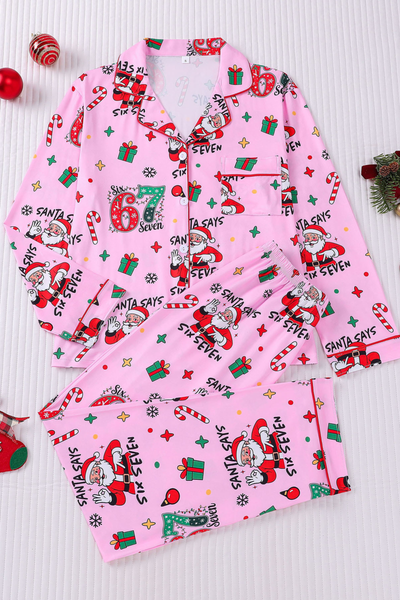 Women's Christmas Pink Striped Open Collar Pajama Set