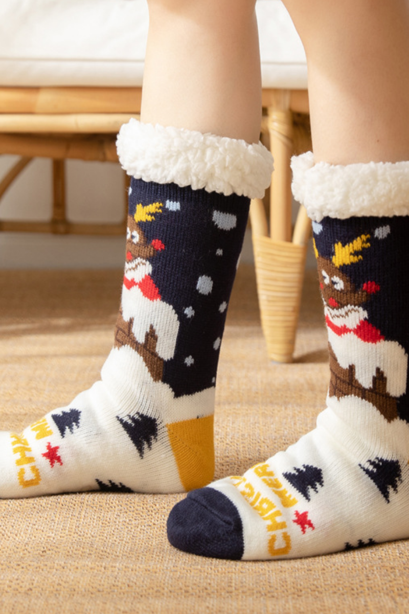 Women Winter Christmas Fleece Cuff Non Slip Slipper Socks