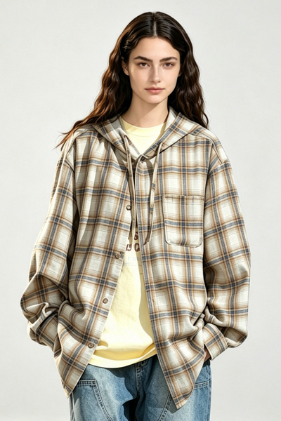 Women's Spring Vintage Hooded Plaid Button-Down Overshirt