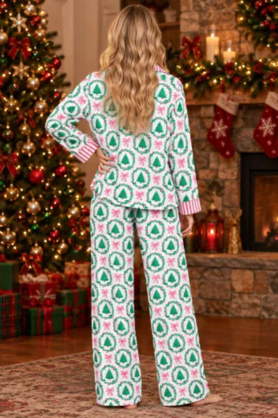 Women's Christmas Pink Striped Open Collar Pajama Set