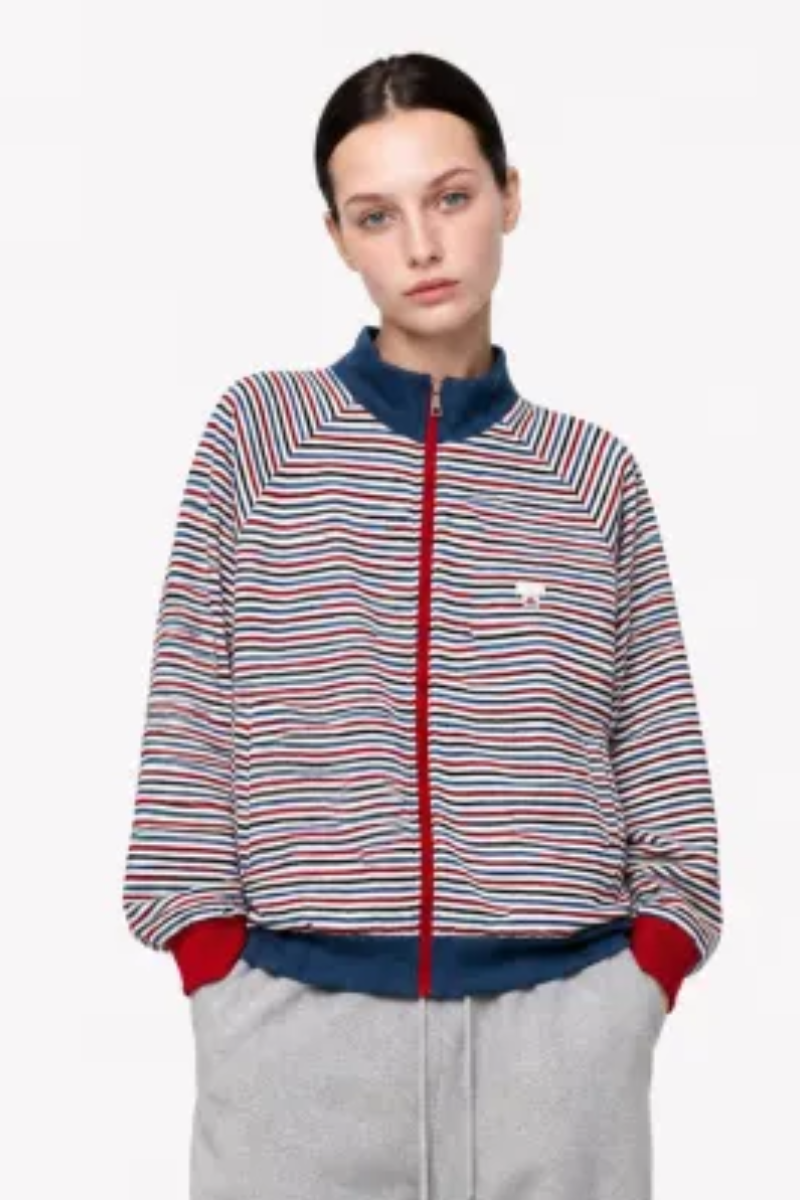 Women Fall Colorful Stripe Stand Collar Zip Up Jacket