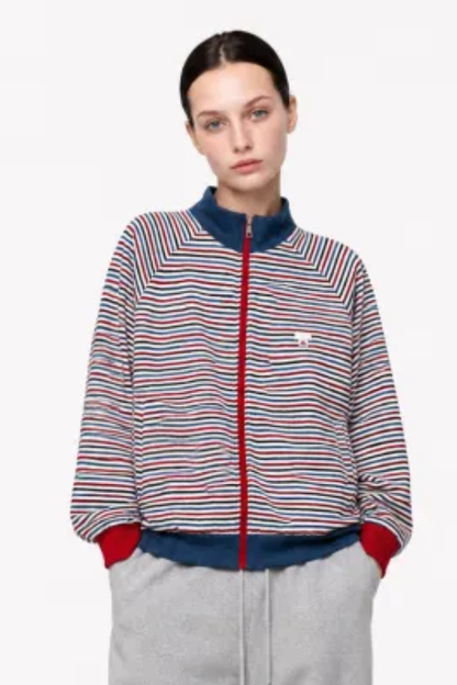 Women Fall Colorful Stripe Stand Collar Zip Up Jacket