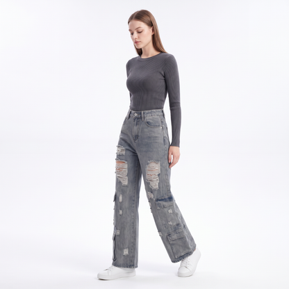 Women's Vintage High Waist Distressed Wide Leg Cargo Jeans