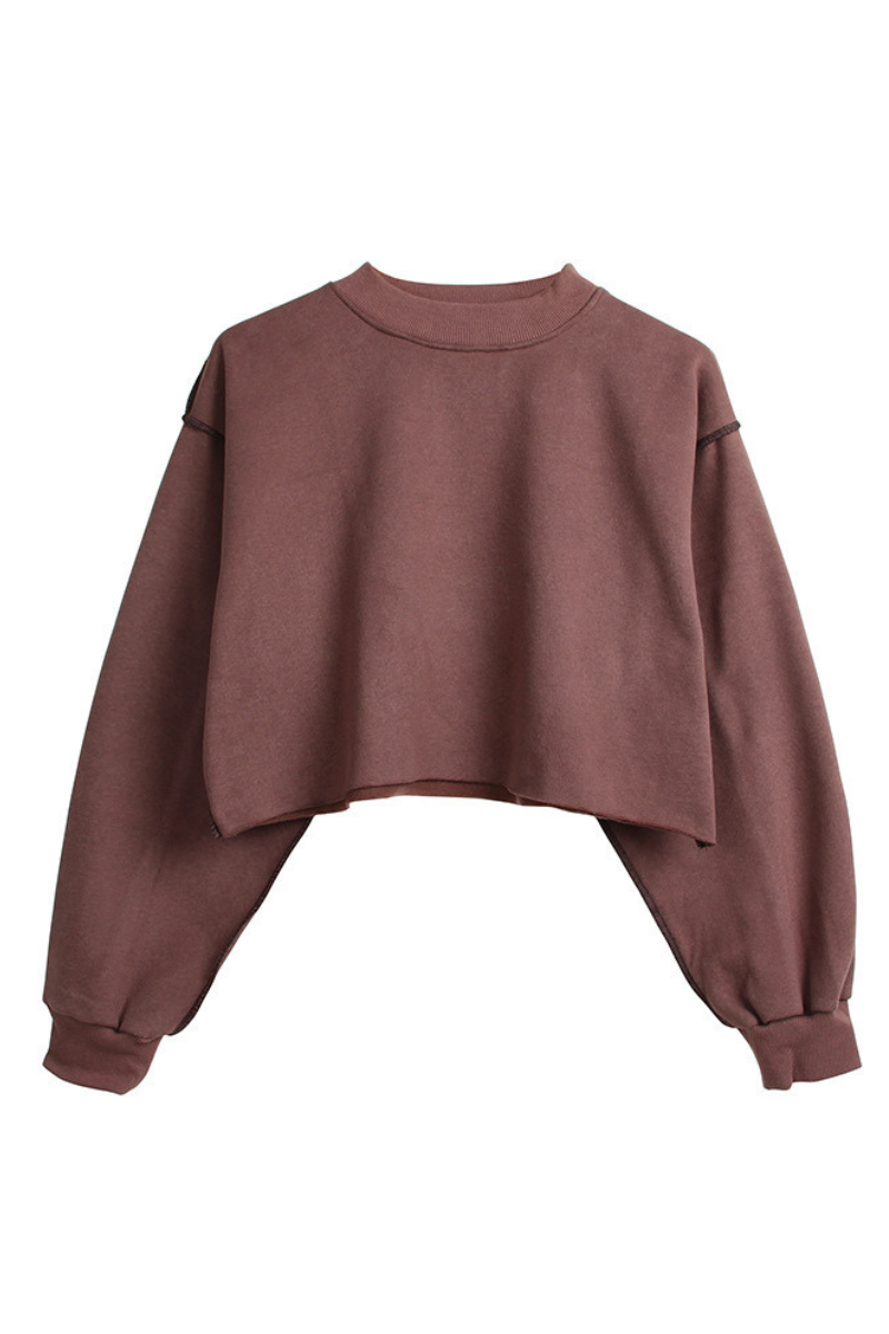 Women Spring Raw Hem Exposed Seam Cropped Sweatshirt