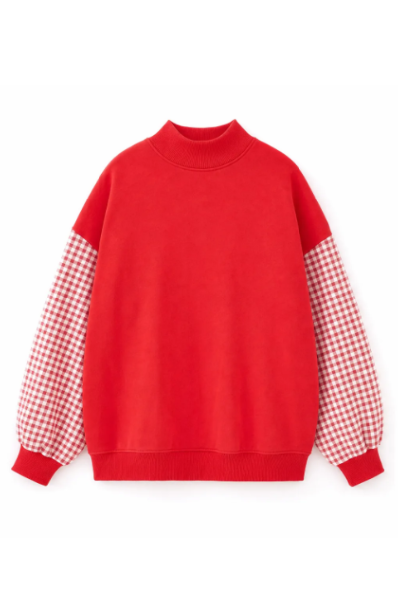 Women Fall Gingham Sleeve Mock Neck Oversized Sweatshirt