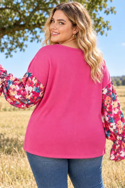 Women Fall Clothing Plus Size Floral Sleeve Knit Top