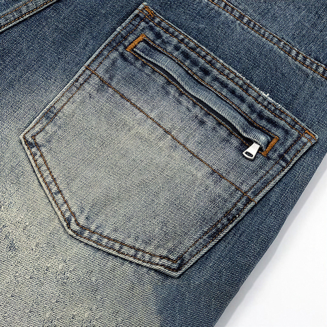 Men's Spring Vintage Blue Patchwork Distressed Denim Jeans