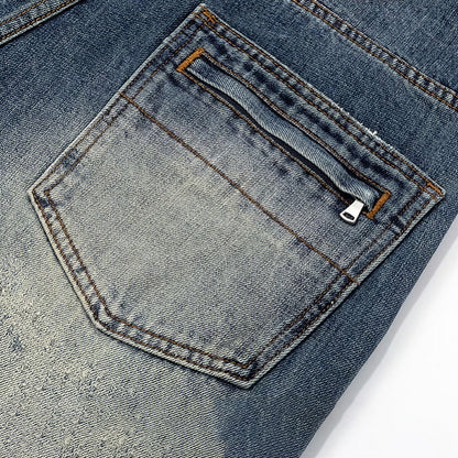 Men's Spring Vintage Blue Patchwork Distressed Denim Jeans