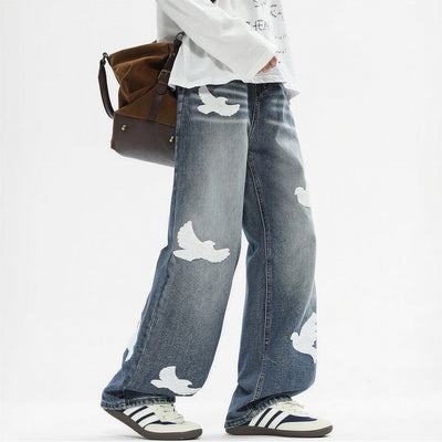 Men's Spring Dove Embroidered Baggy Wide Leg Denim Jeans