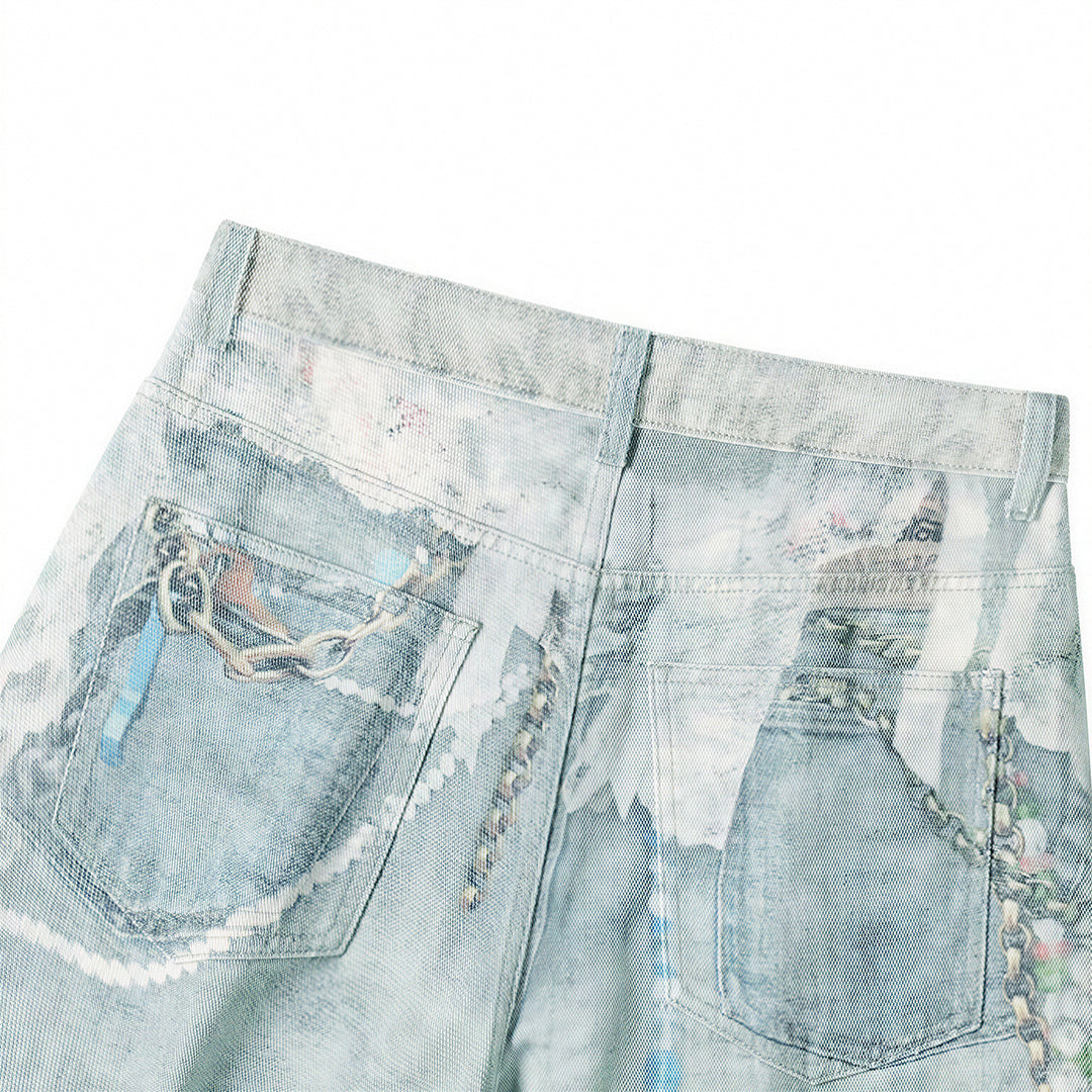 Men's Summer Vintage Oil Painting Print Baggy Denim Shorts