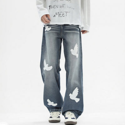 Men's Spring Dove Embroidered Baggy Wide Leg Denim Jeans