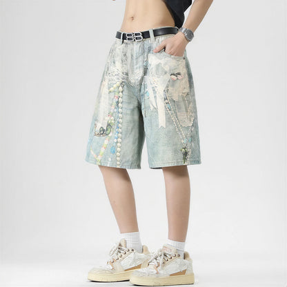 Men's Summer Vintage Oil Painting Print Baggy Denim Shorts