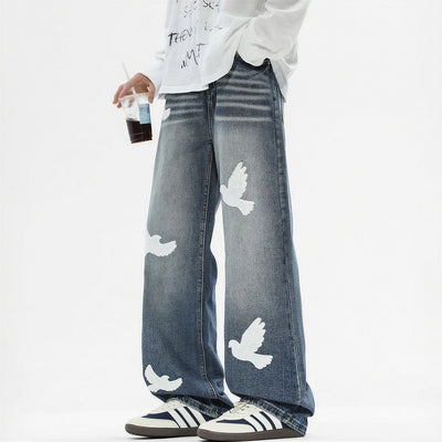 Men's Spring Dove Embroidered Baggy Wide Leg Denim Jeans