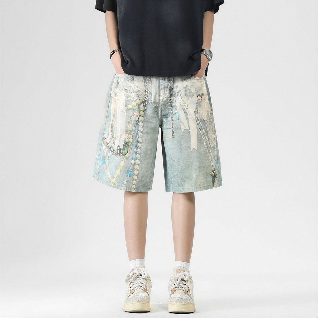 Men's Summer Vintage Oil Painting Print Baggy Denim Shorts