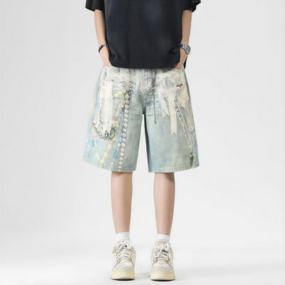 Men's Summer Vintage Oil Painting Print Baggy Denim Shorts