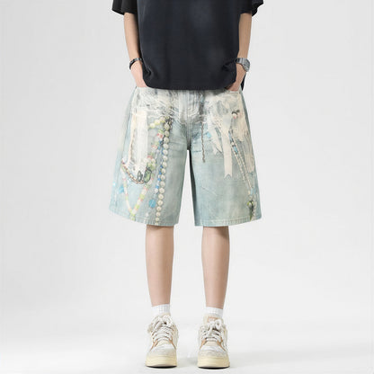 Men's Summer Vintage Oil Painting Print Baggy Denim Shorts
