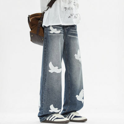Men's Spring Dove Embroidered Baggy Wide Leg Denim Jeans
