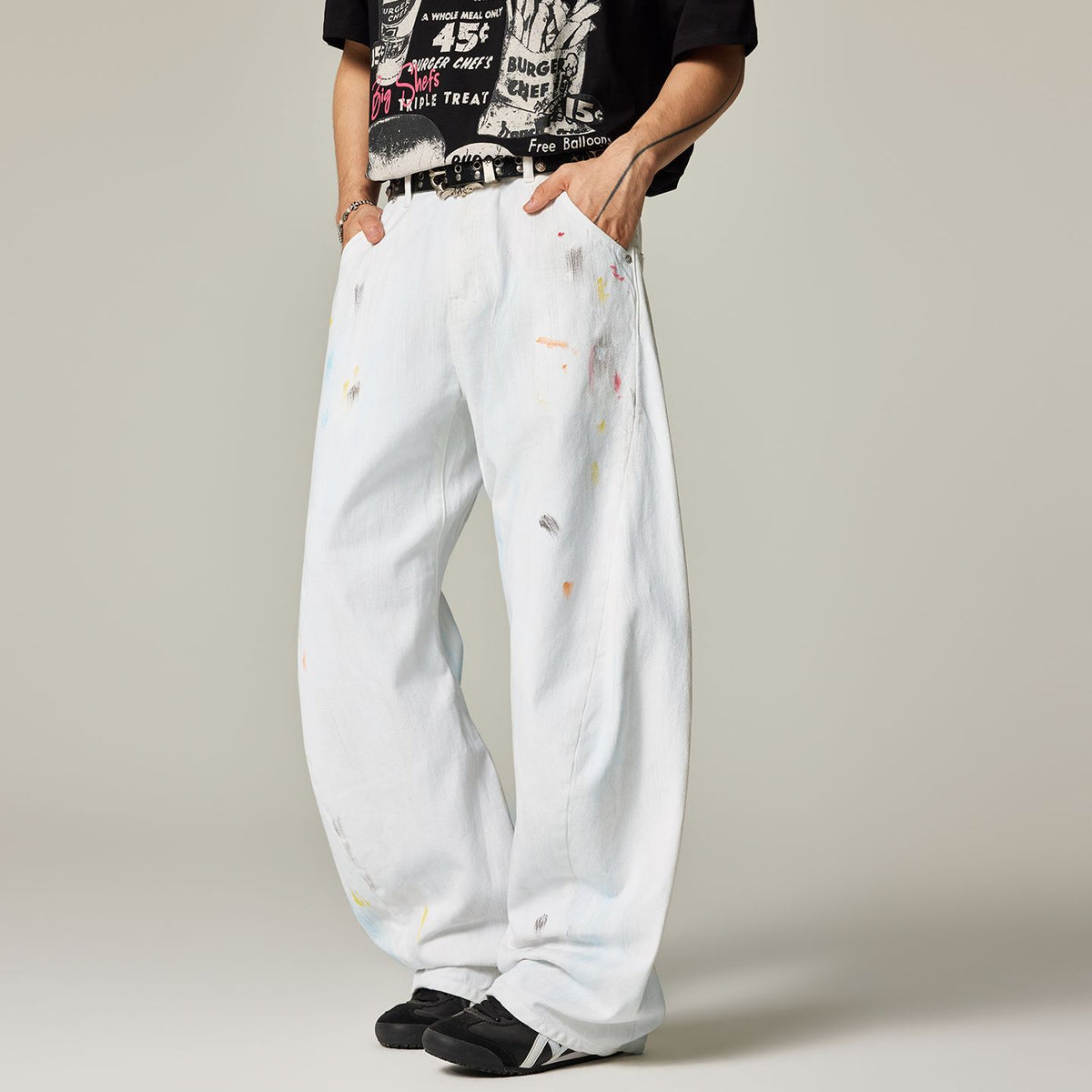 Men's Spring White Hand-Painted Splatter Denim Jeans