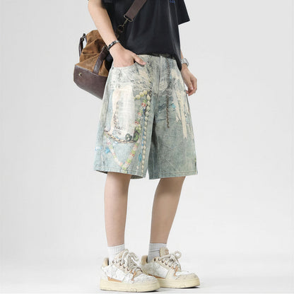 Men's Summer Vintage Oil Painting Print Baggy Denim Shorts