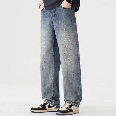 Men's Spring Light Blue Washed Splatter Paint Straight Jeans