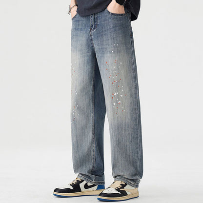 Men's Spring Light Blue Washed Splatter Paint Straight Jeans