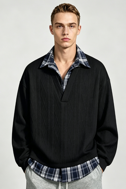 Men's Fall Winter Plaid-Collar Layered Jacquard Sweatshirt
