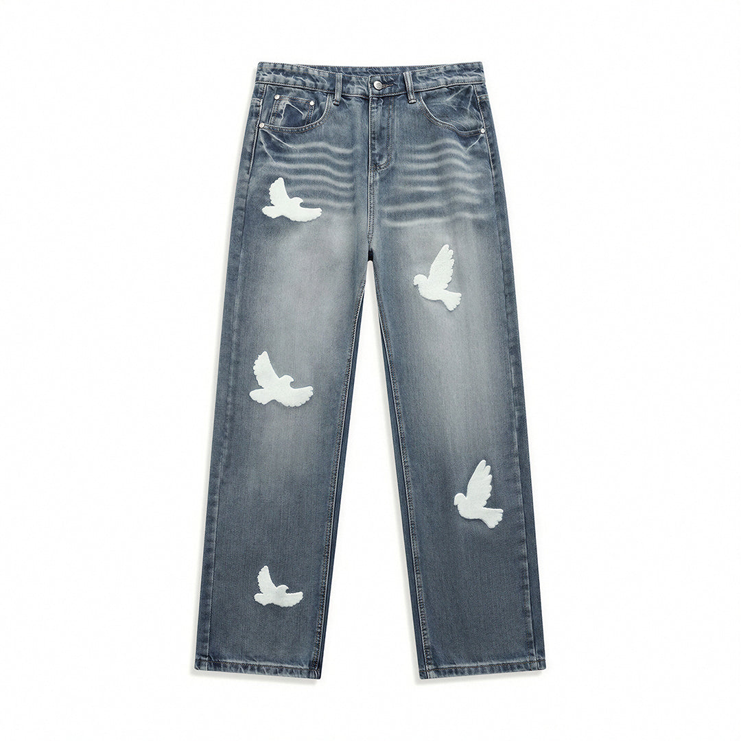 Men's Spring Dove Embroidered Baggy Wide Leg Denim Jeans
