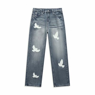 Men's Spring Dove Embroidered Baggy Wide Leg Denim Jeans