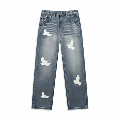 Men's Spring Dove Embroidered Baggy Wide Leg Denim Jeans