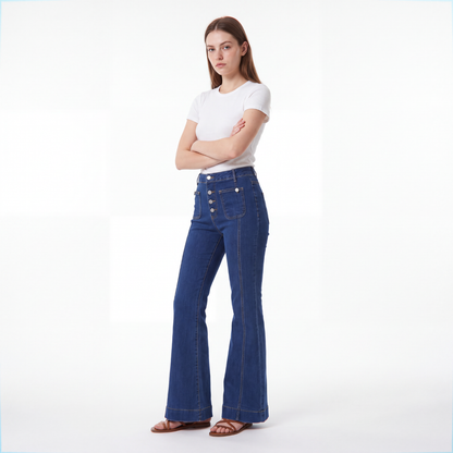 Women's High Waist Button Fly Stretch Flare Jeans