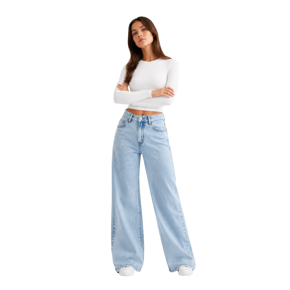 Women's High Waist Light Blue Straight Wide Leg Jeans