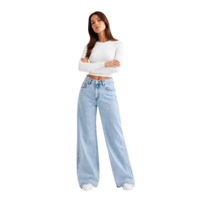 Women's High Waist Light Blue Straight Wide Leg Jeans