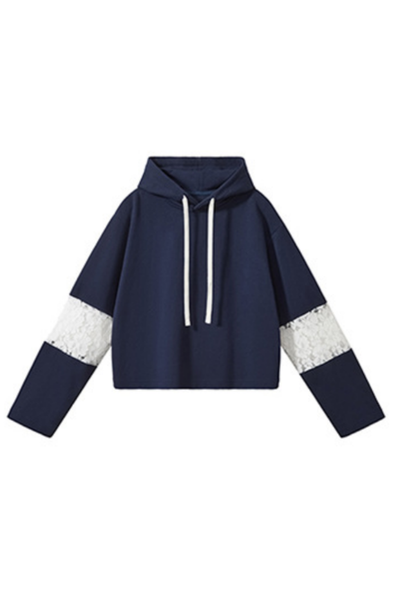 Women Fall Lace Sleeve Cropped Drawstring Pullover Hoodie