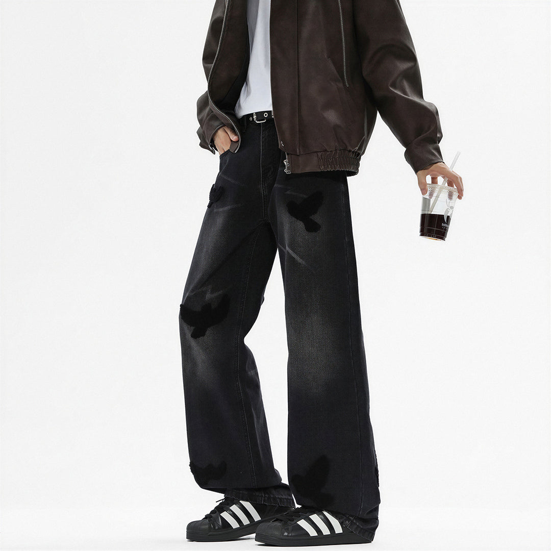 Men's Spring Dove Embroidered Baggy Wide Leg Denim Jeans