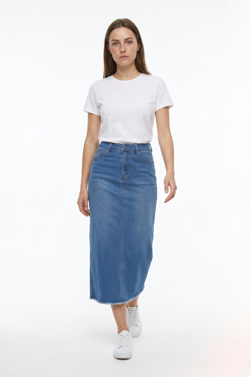 Women's High Waist Back Slit Denim Midi Skirt