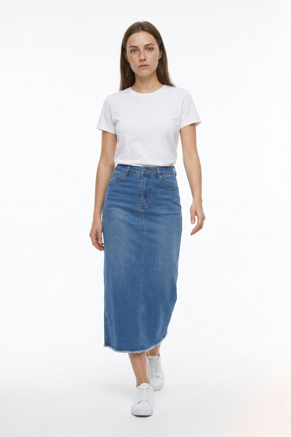 Women's High Waist Back Slit Denim Midi Skirt