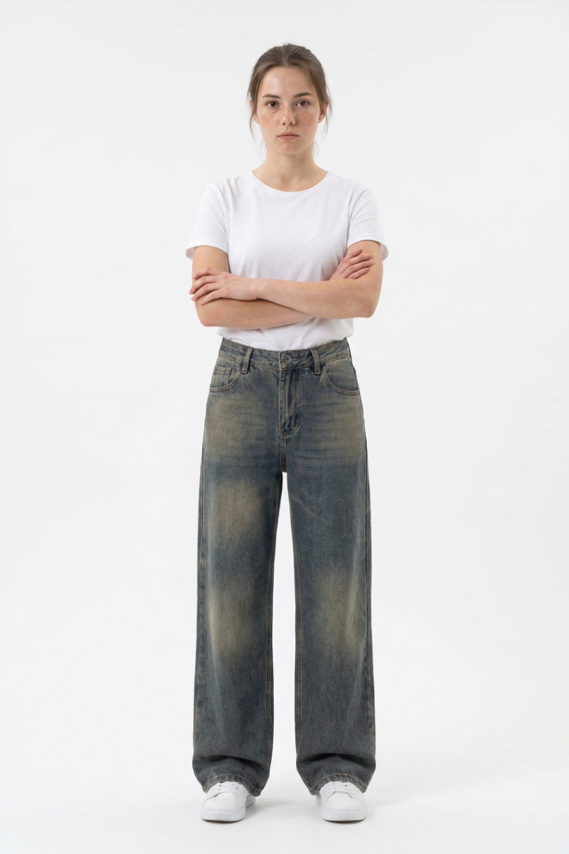 Women's 100% Cotton Vintage Wash Straight Leg Jeans