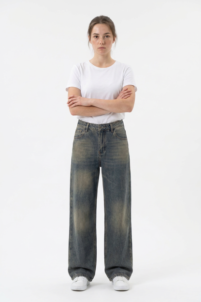 Women's 100% Cotton Vintage Wash Straight Leg Jeans